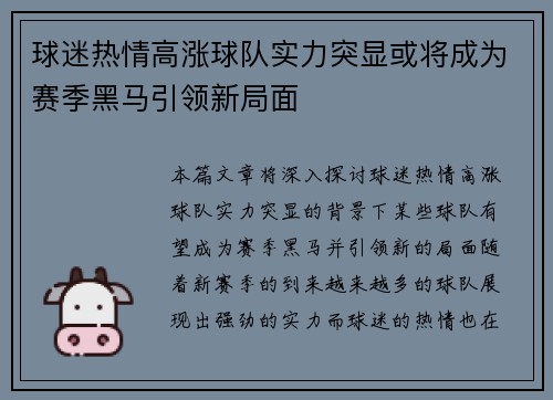 球迷热情高涨球队实力突显或将成为赛季黑马引领新局面