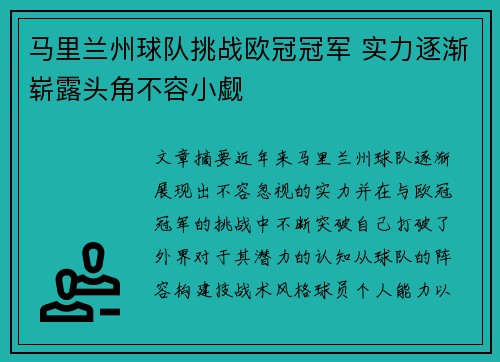 马里兰州球队挑战欧冠冠军 实力逐渐崭露头角不容小觑