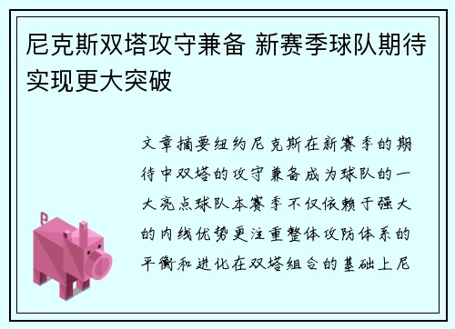 尼克斯双塔攻守兼备 新赛季球队期待实现更大突破