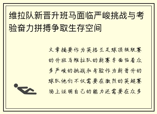 维拉队新晋升班马面临严峻挑战与考验奋力拼搏争取生存空间