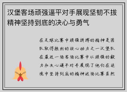 汉堡客场顽强逼平对手展现坚韧不拔精神坚持到底的决心与勇气