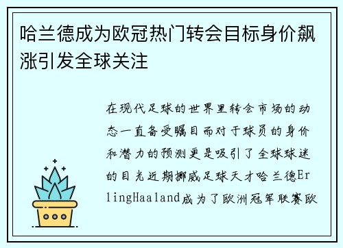 哈兰德成为欧冠热门转会目标身价飙涨引发全球关注
