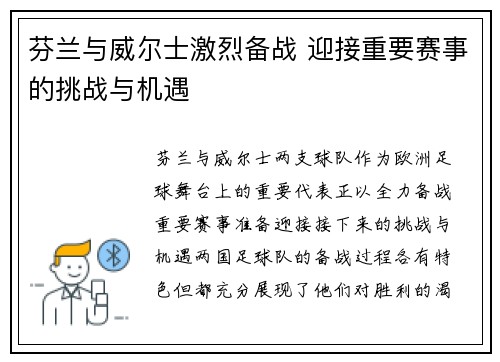 芬兰与威尔士激烈备战 迎接重要赛事的挑战与机遇
