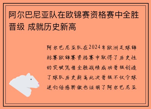 阿尔巴尼亚队在欧锦赛资格赛中全胜晋级 成就历史新高